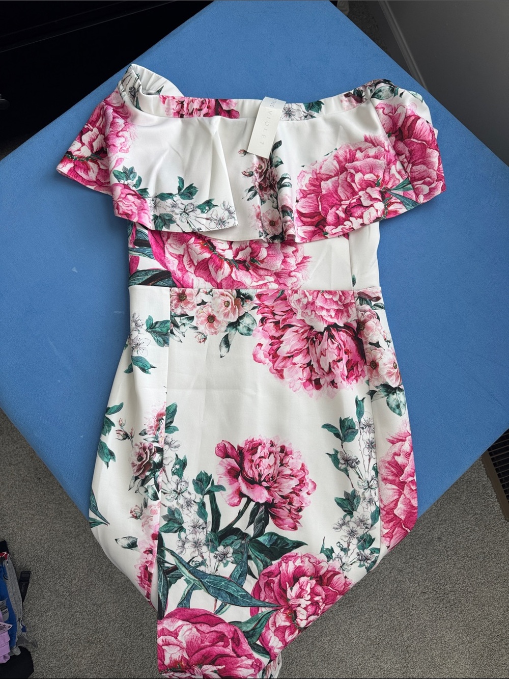 Off-Shoulder White Midi Dress with Pink Floral Print